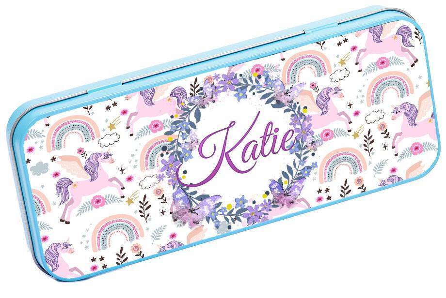 Personalised Any Name Unicorn Pencil Case Tin Children School Kids Stationary 31