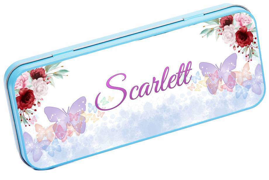 Personalised Any Name Butterfly Pencil Case Tin School Kids Stationary 17