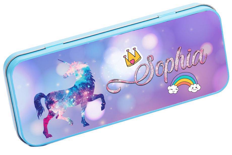 Personalised Any Name Unicorn Pencil Case Tin Children School Kids Stationary 27