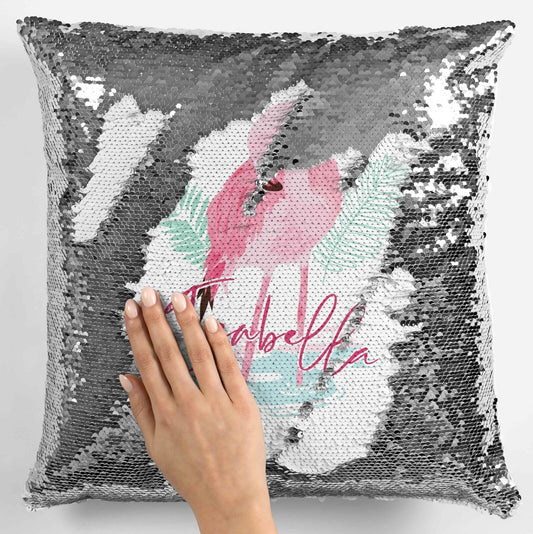 Personalised Flamingo Any Name Magic Reveal Silver Sequin Cushion Cover Gift 1