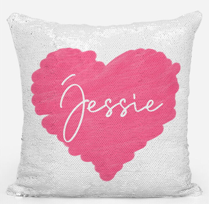 Personalised Heart Design Any Name Magic Reveal Silver Sequin Cushion Cover 3