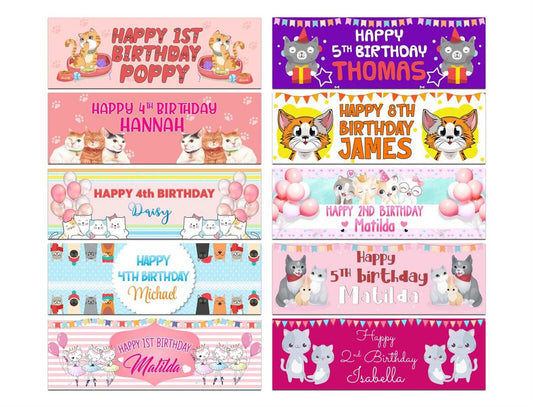 Personalised Birthday Banners Cat Design Children Kids Party Decoration 99