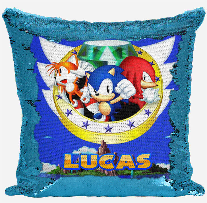 Personalised Sonic Hedgehog Any Name Magic Reveal Blue Sequin Cushion Cover 5