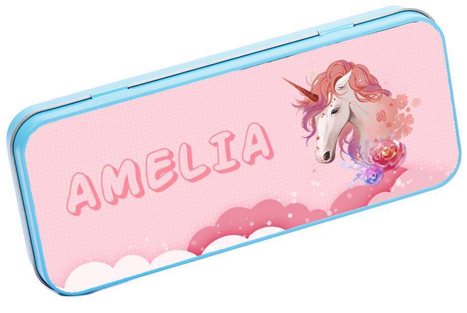 Personalised Any Name Unicorn Pencil Case Tin Children School Kids Stationary 31