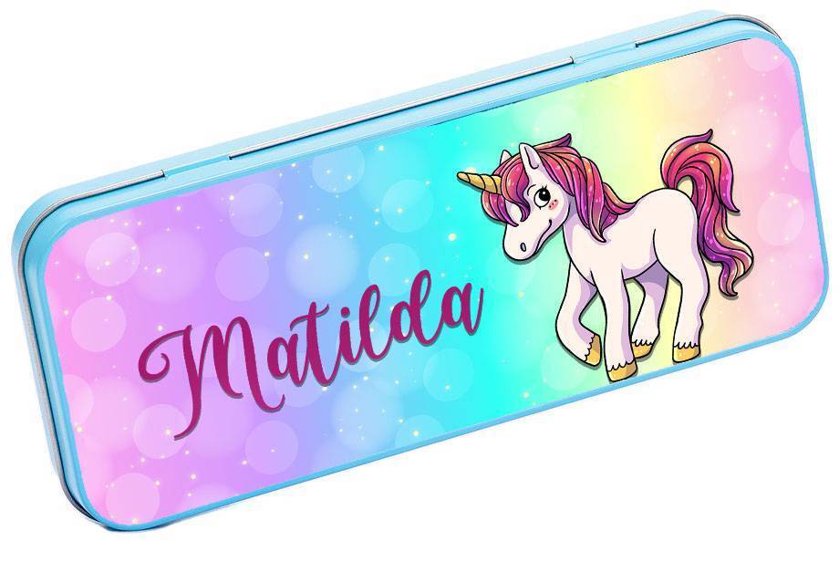 Personalised Any Name Unicorn Pencil Case Tin Children School Kids Stationary 11