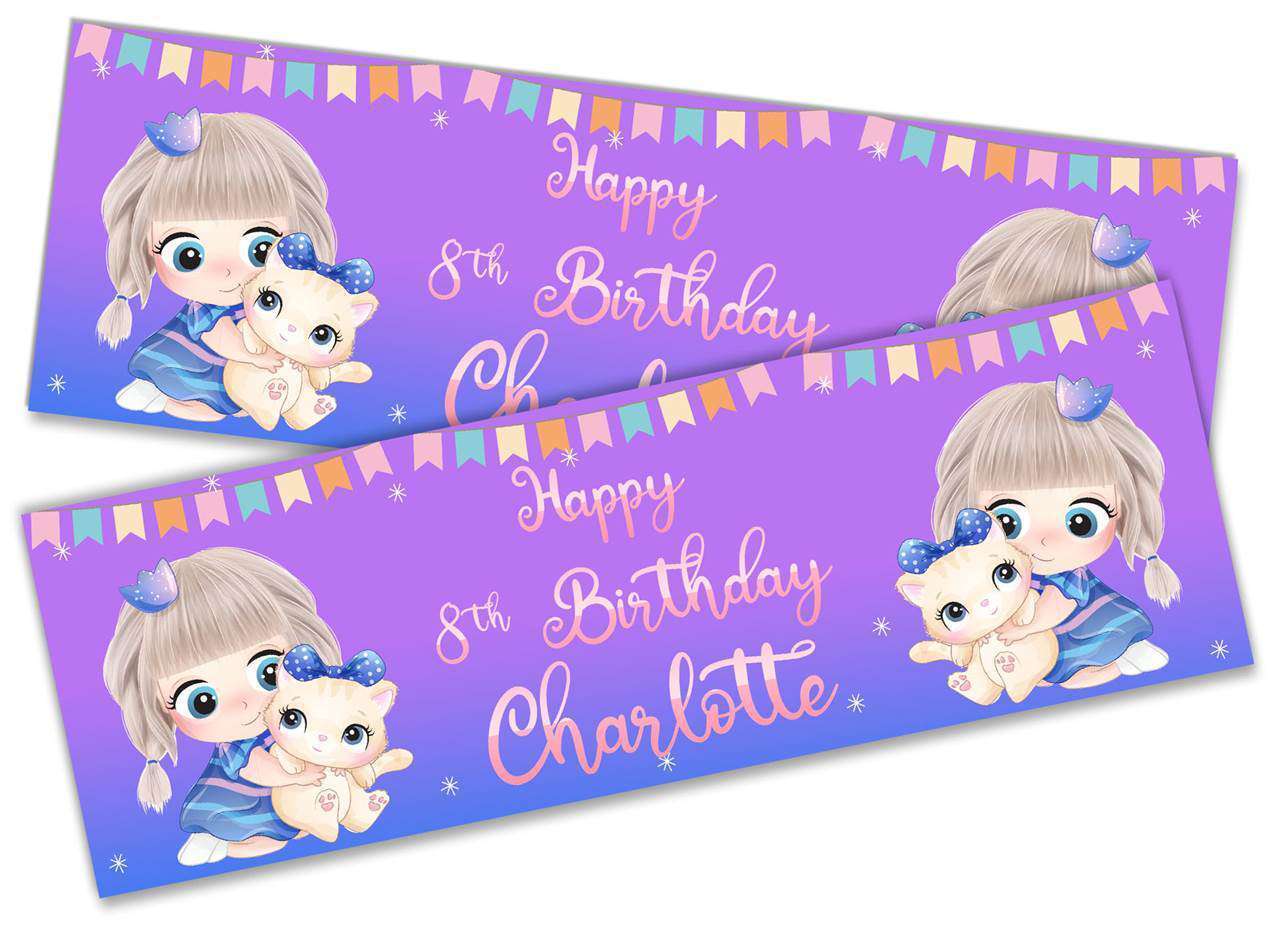 Personalised Birthday Banners Doll Design Children Kids Party Decoration 110