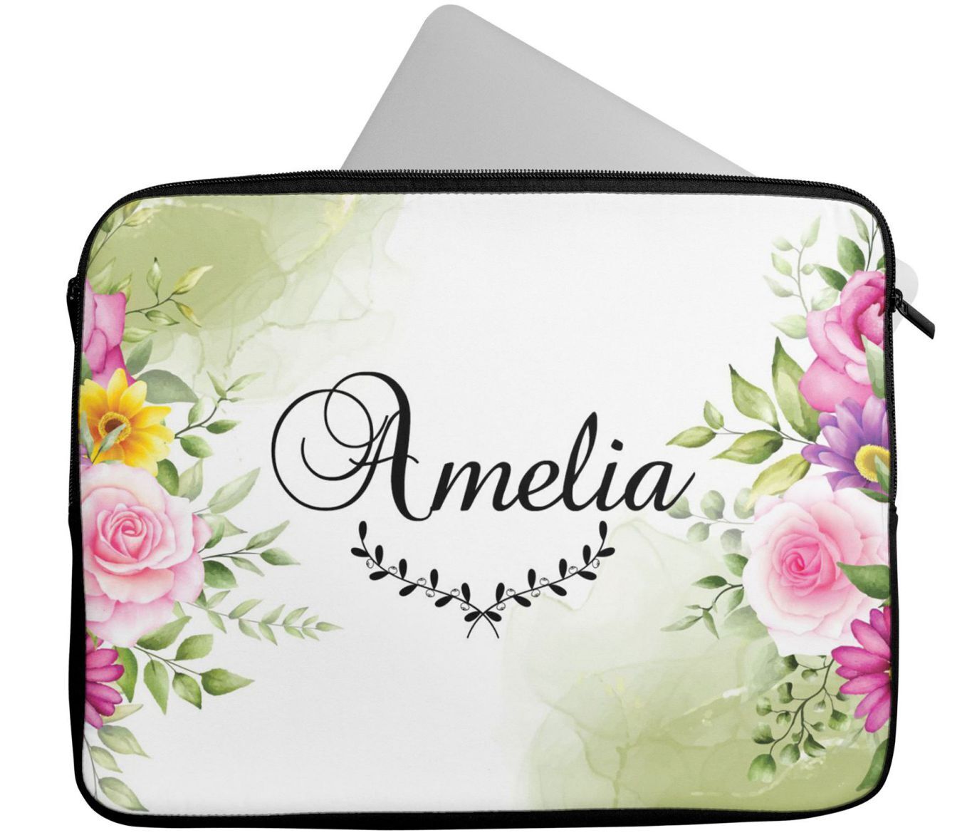 Personalised Any Name Floral Design Laptop Case Sleeve Tablet Bag 65