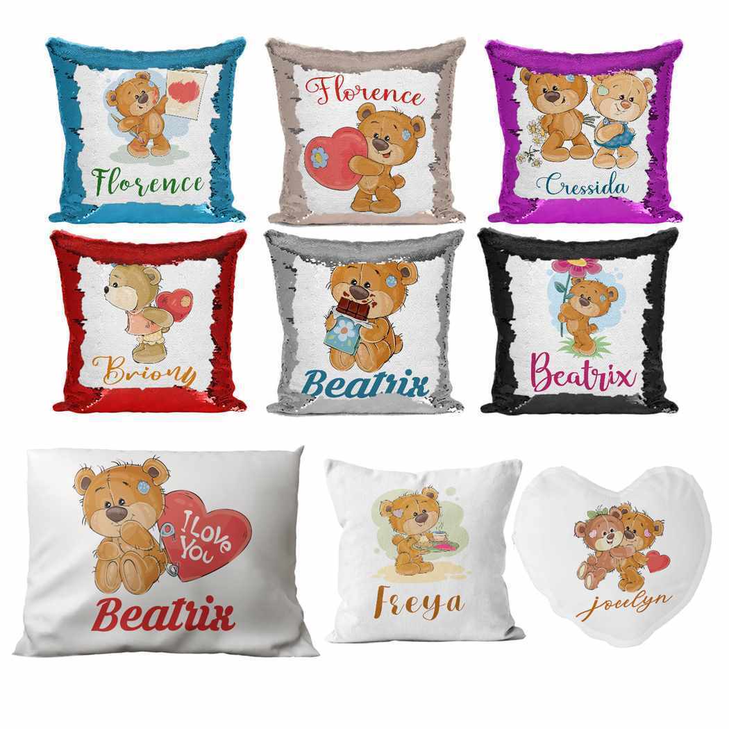 Personalised Cushion Teddy Bear Sequin Cushion Pillow Printed Birthday Gift 56