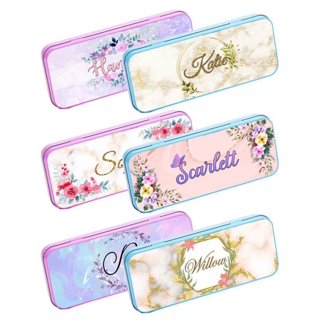 Personalised Any Name Floral Pencil Case Tin Children School Kids Stationary 25