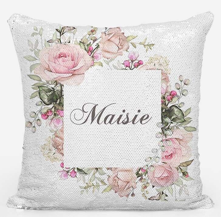 Personalised Floral Any Name Magic Reveal Gold Sequin Cushion Cover Gift 47