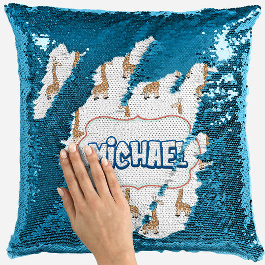 Personalised Giraffe Design Any Name Magic Reveal Blue Sequin Cushion Cover Gift