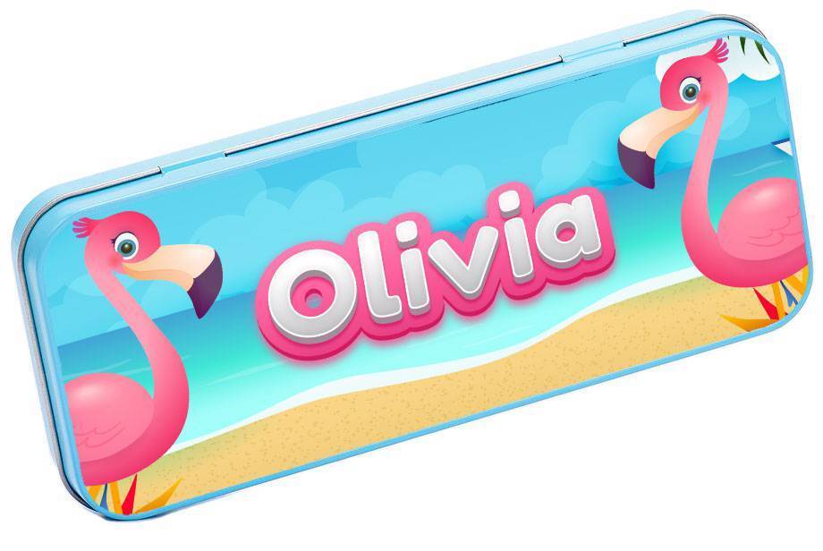 Personalised Any Name Flamingo Pencil Case Tin Children School Kid Stationary 17