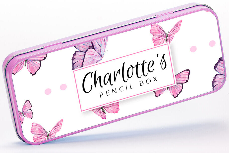 Personalised Any Name Butterfly Pencil Case Tin Girls School Kids Stationary 4