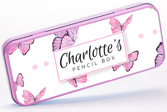 Personalised Any Name Butterfly Pencil Case Tin Girls School Kids Stationary 4