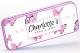 Personalised Any Name Butterfly Pencil Case Tin Girls School Kids Stationary 4