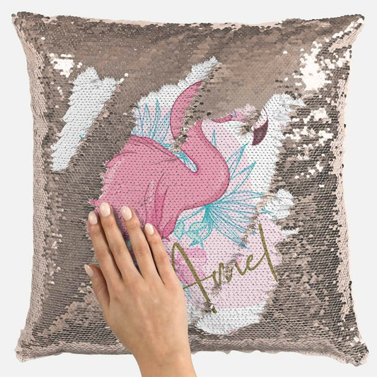 Personalised Flamingo Design Any Name Magic Reveal Gold Sequin Cushion Cover 1