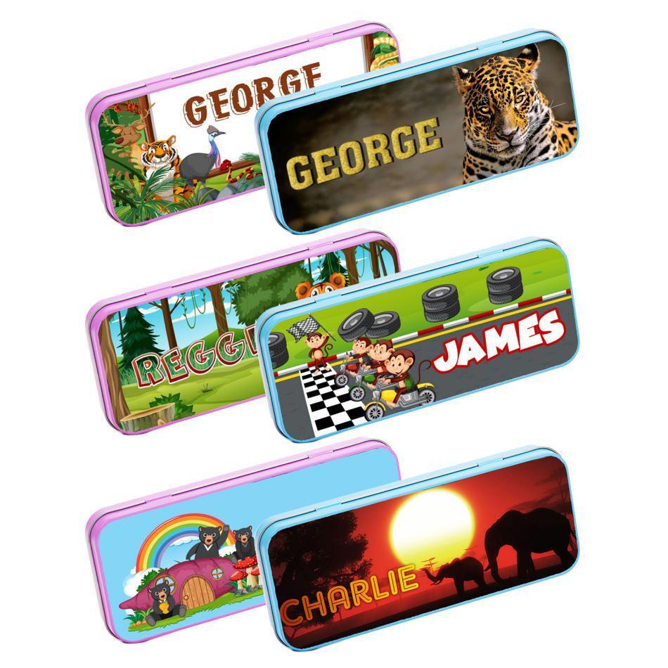 Personalised Any Name Animal Pencil Case Tin Children School Kids Stationary 8