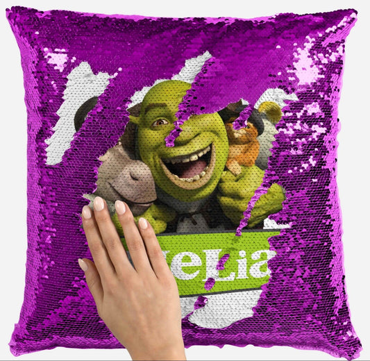 Personalised Shrek Any Name Magic Reveal Pink Sequin Cushion Cover Gift 2