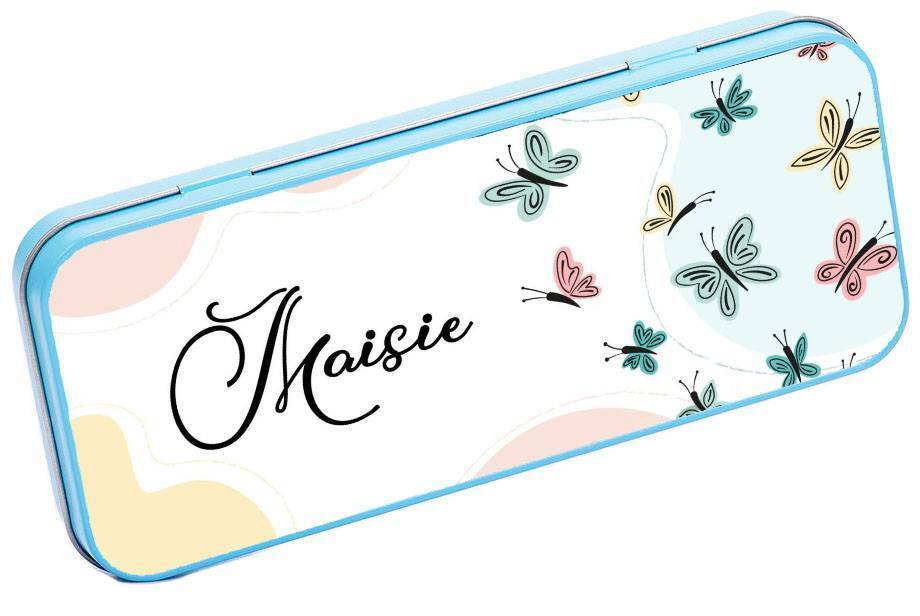 Personalised Any Name Butterfly Pencil Case Tin School Kids Stationary 17