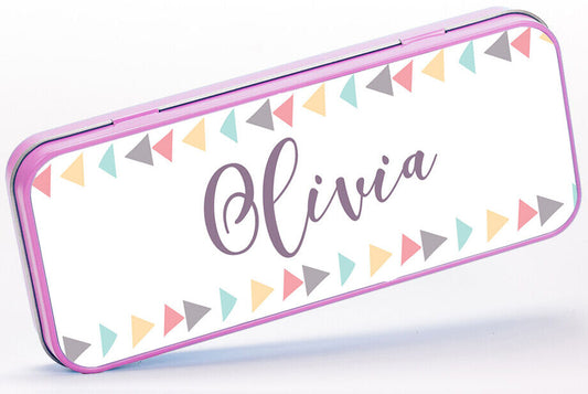 Personalised Any Name Triangles Pencil Case Tin Girls School Kids Stationary