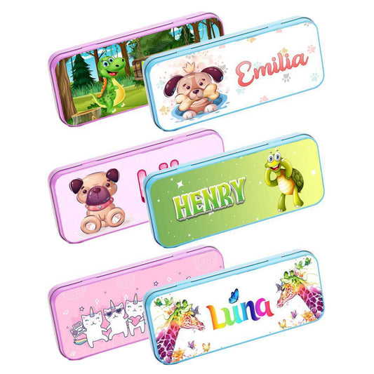 Personalised Any Name Animal Pencil Case Tin Children School Kids Stationary 24