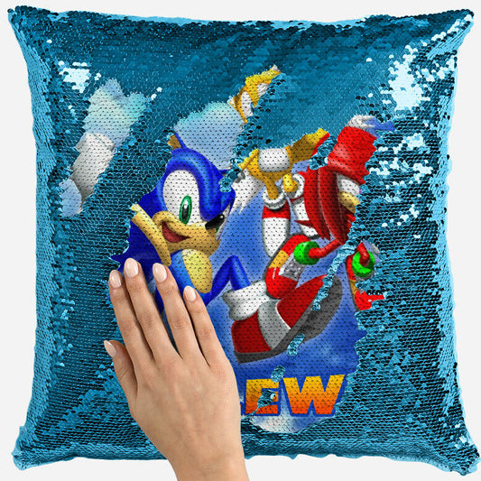 Personalised Sonic Hedgehog Any Name Magic Reveal Blue Sequin Cushion Cover 3