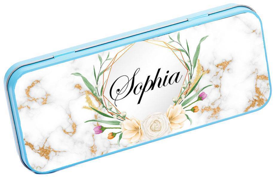 Personalised Any Name Floral Pencil Case Tin Children School Kids Stationary 25