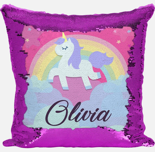 Personalised Unicorn Any Name Magic Reveal Sequin Cushion Cover Gift Pink