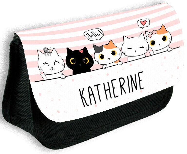 Personalised Any Name Cat Pencil Case Make Up Bag School Kids Stationary Gift