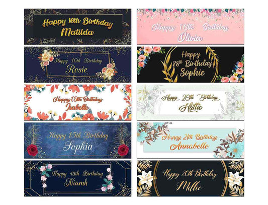 Personalised Birthday Banners Floral Design Kids adult Party Decoration 83