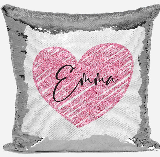Personalised Heart Any Name Magic Reveal Silver Sequin Cushion Cover Gift 1