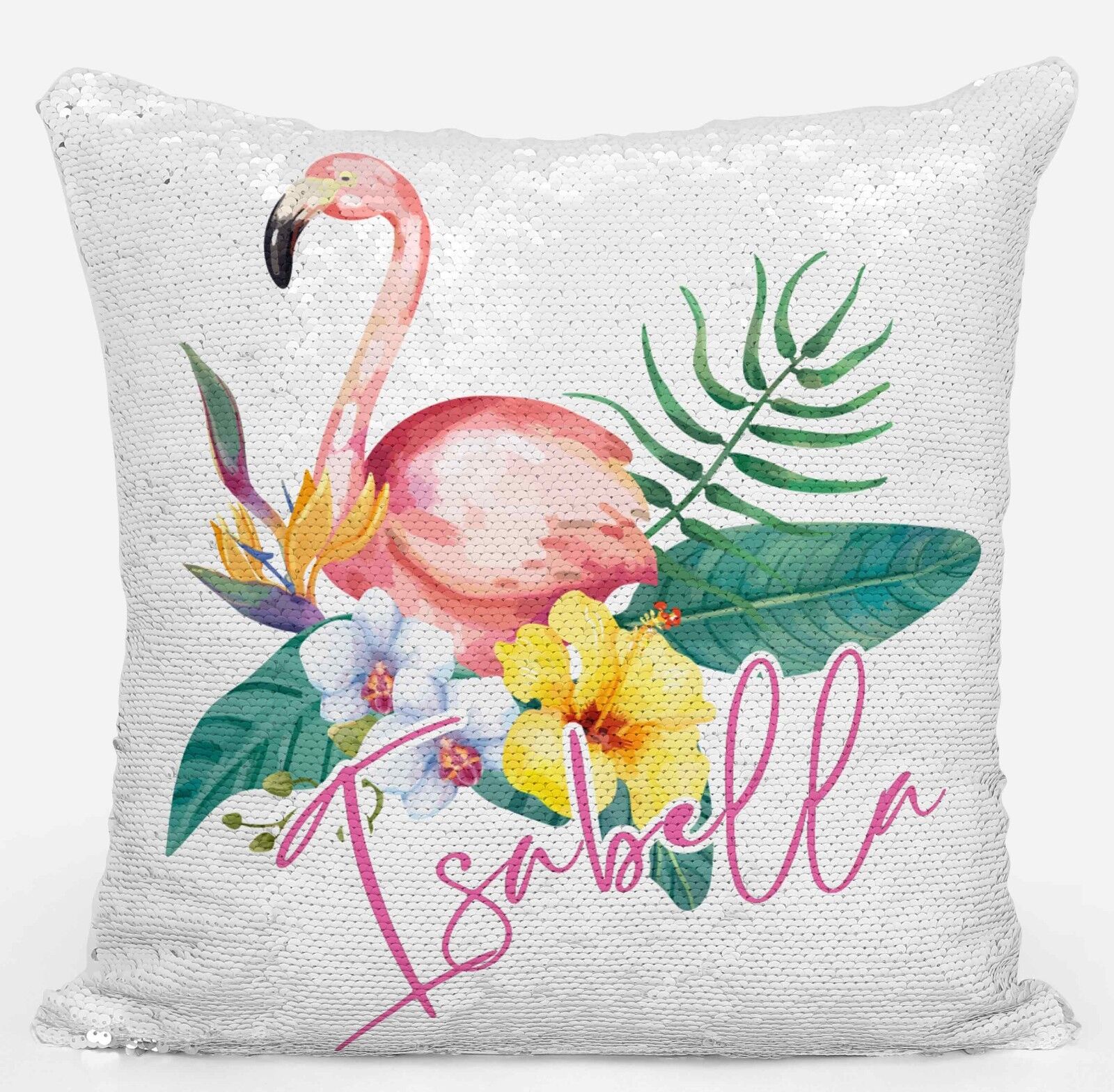 Personalised Flamingo Any Name Magic Reveal Silver Sequin Cushion Cover Gift 2