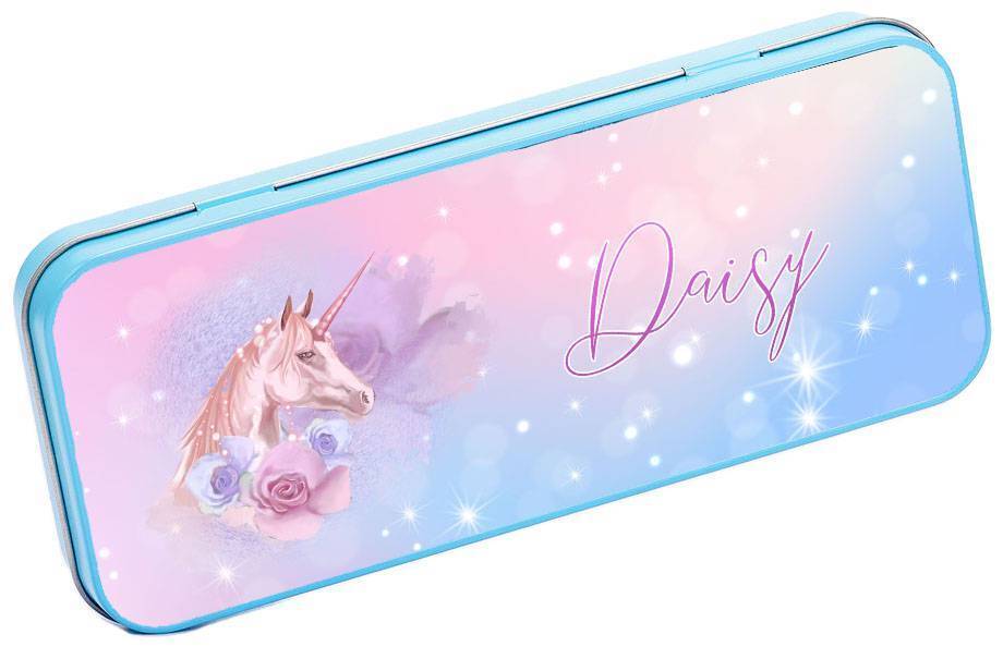 Personalised Any Name Unicorn Pencil Case Tin Children School Kids Stationary 31