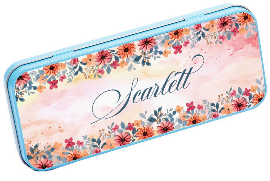 Personalised Any Name Floral Pencil Case Tin Children School Kids Stationary 20