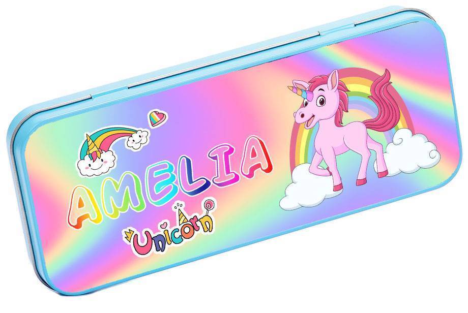 Personalised Any Name Unicorn Pencil Case Tin Children School Kids Stationary 27