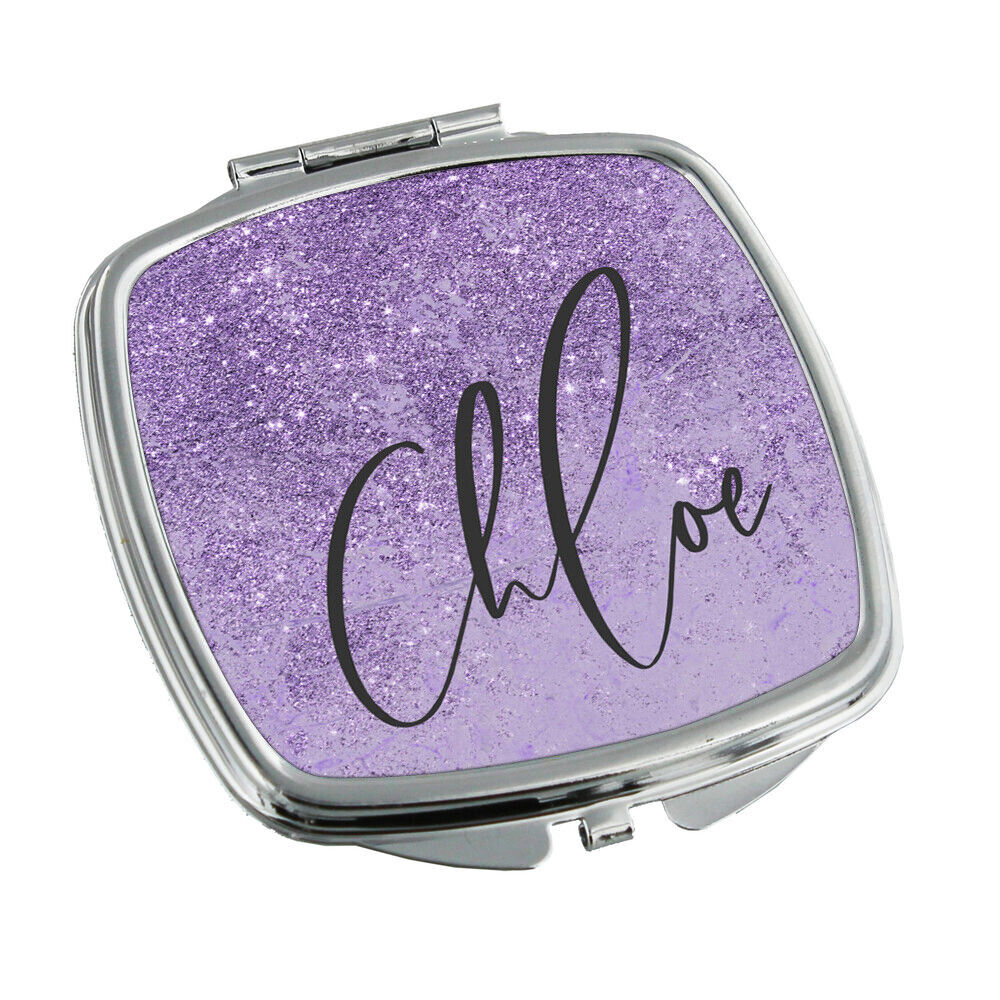 Personalised Any Name Glitter Design Square Pocket Folding Mirror Travel