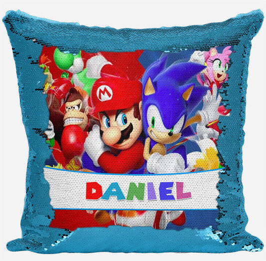 Personalised Mario and Sonic Any Name Magic Reveal Blue Sequin Cushion Cover