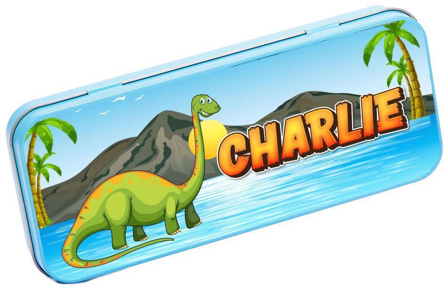 Personalised Any Name Dinosaur Pencil Case Tin Children School Kids Stationary 7