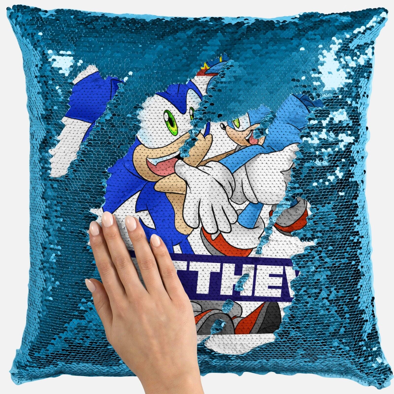 Personalised Sonic Hedgehog Any Name Magic Reveal Sequin Cushion Cover Gift 1