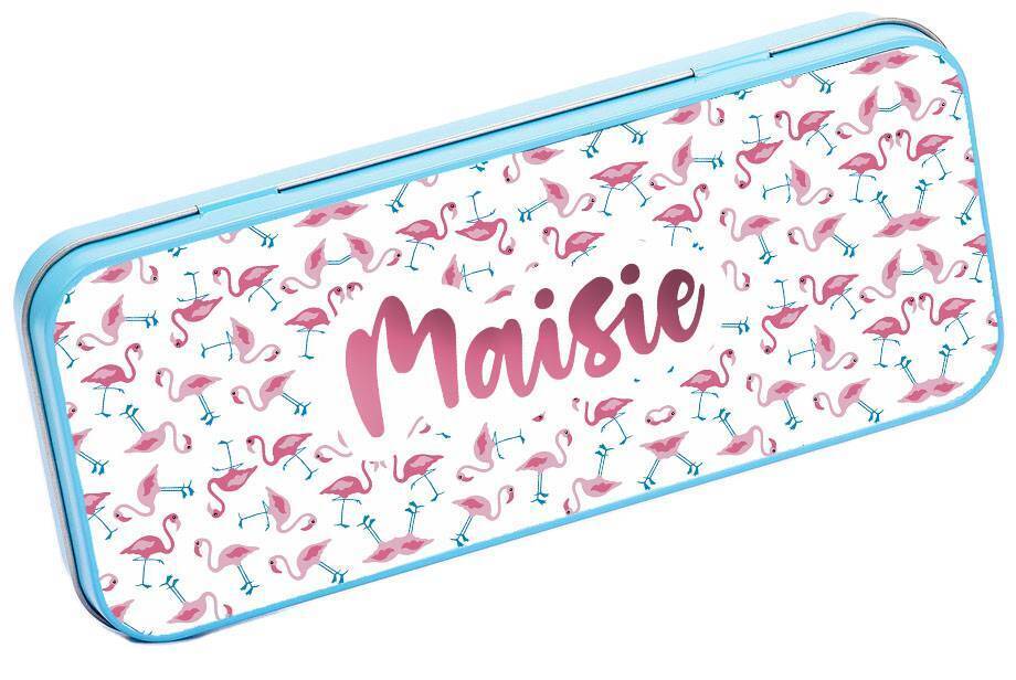 Personalised Any Name Flamingo Pencil Case Tin Children School Kid Stationary 17