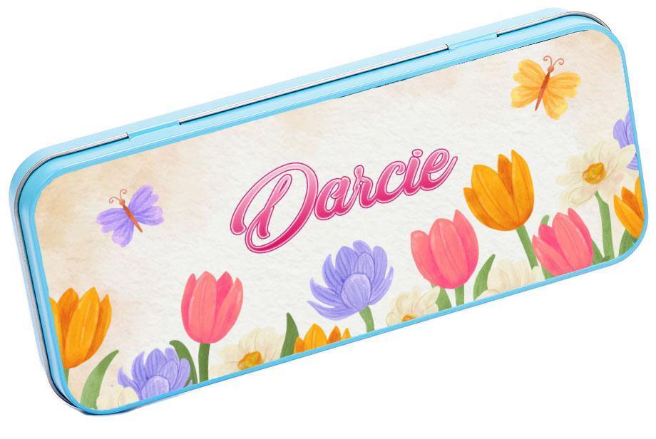 Personalised Any Name Floral Pencil Case Tin Children School Kids Stationary 20