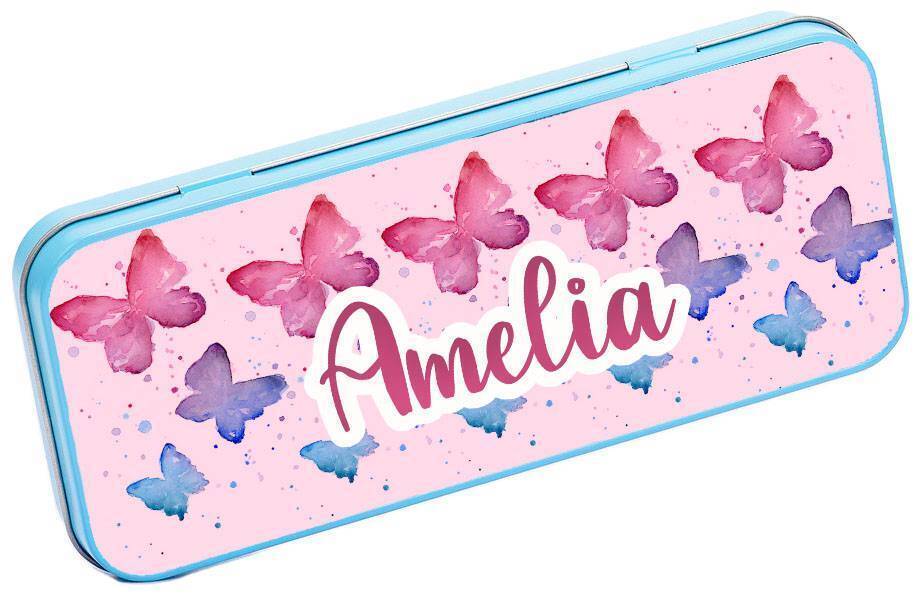 Personalised Any Name Butterfly Pencil Case Tin Children School Kid Stationary 9