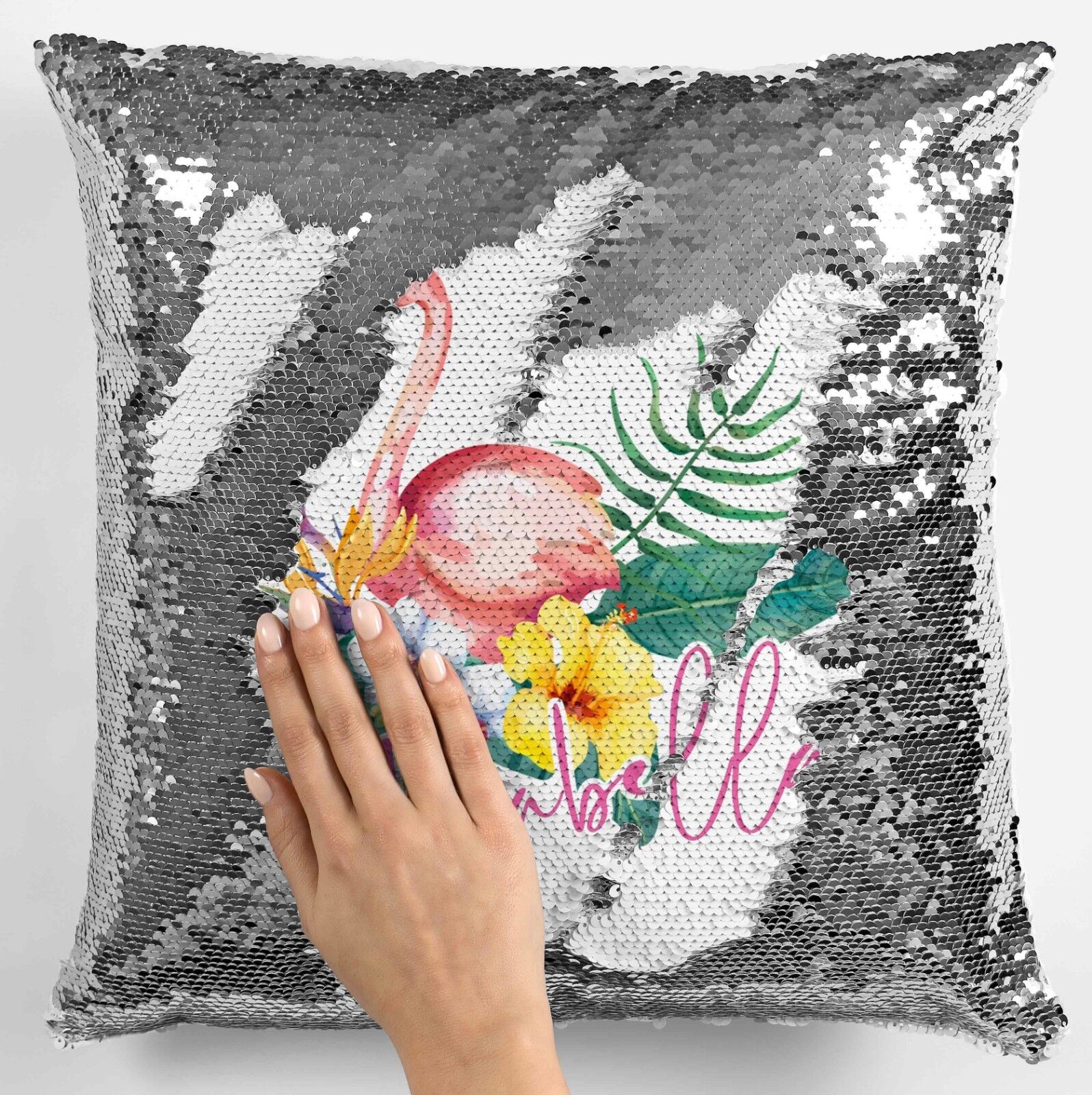 Personalised Flamingo Any Name Magic Reveal Silver Sequin Cushion Cover Gift 2