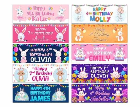 Personalised Birthday Banners Rabbit Design Children Kids Party Decoration 112