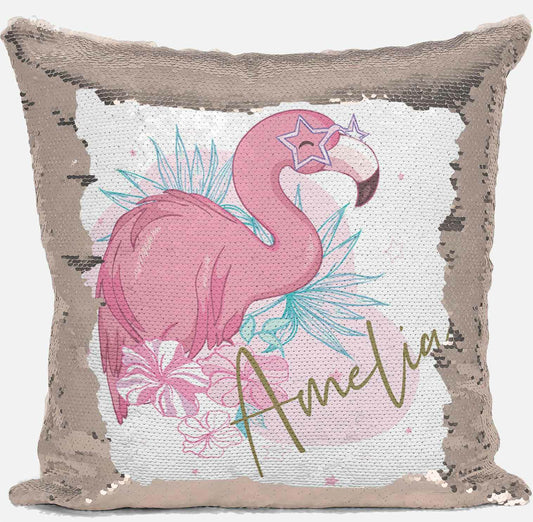 Personalised Flamingo Design Any Name Magic Reveal Gold Sequin Cushion Cover 1