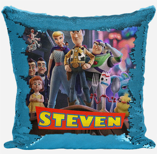 Personalised Toy Story Design Any Name Magic Reveal Blue Sequin Cushion Cover 4