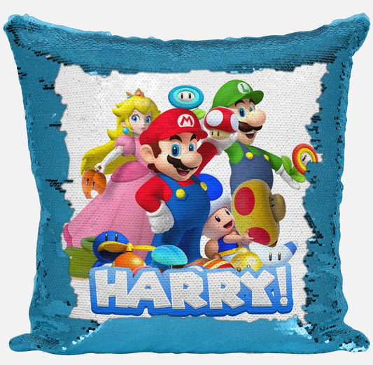 Personalised Super Mario Any Name Magic Reveal Sequin Cushion Cover Gift 