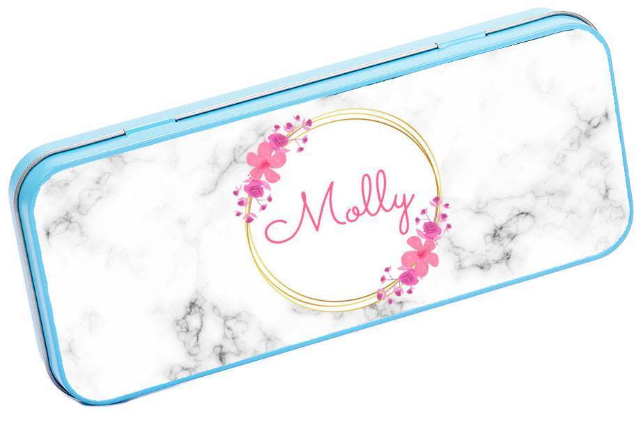 Personalised Any Name Floral Pencil Case Tin Children School Kids Stationary 25