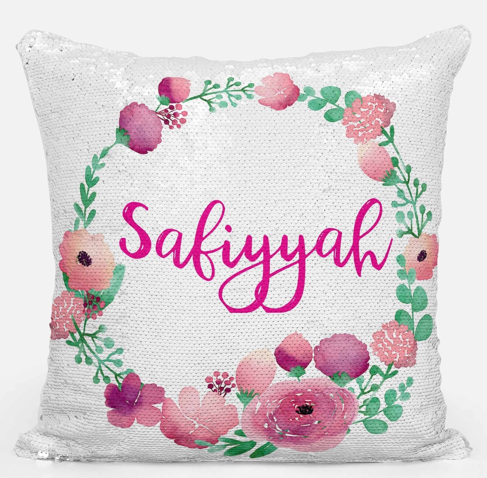 Personalised Floral Any Name Magic Reveal Sequin Cushion Cover Gift Pink