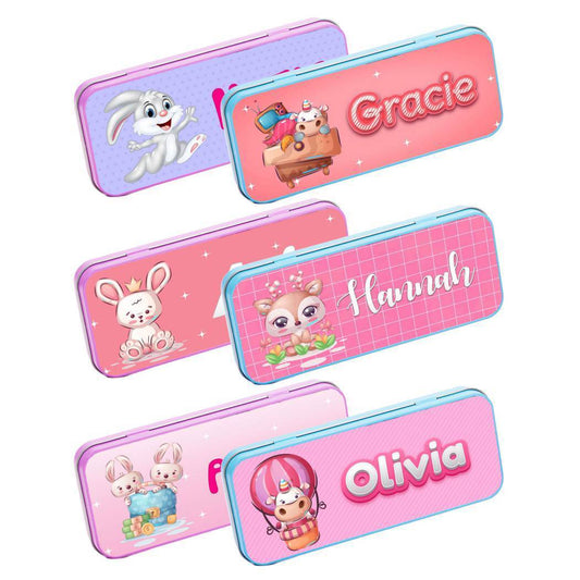 Personalised Any Name Animal Pencil Case Tin Children School Kids Stationary 32